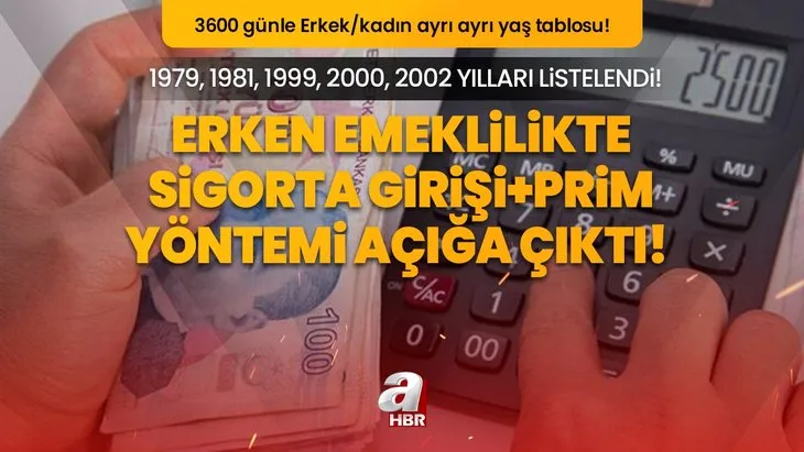 Erken emeklilikte Sigorta Girişi+PRİM YÖNTEMİ AÇIĞA ÇIKTI! 1979, 1981, 1999, 2000, 2002 yılları listelendi! 3600 günle Erkek/kadın ayrı ayrı yaş tablosu!