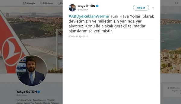 Türk Hava Yolları ve Türk Telekom ABD’li şirketlere reklam vermeyecek