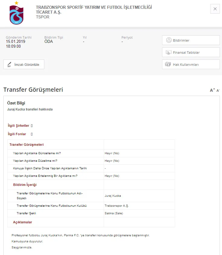 Trabzonspor Kucka'yı KAP'a bildirdi - 1