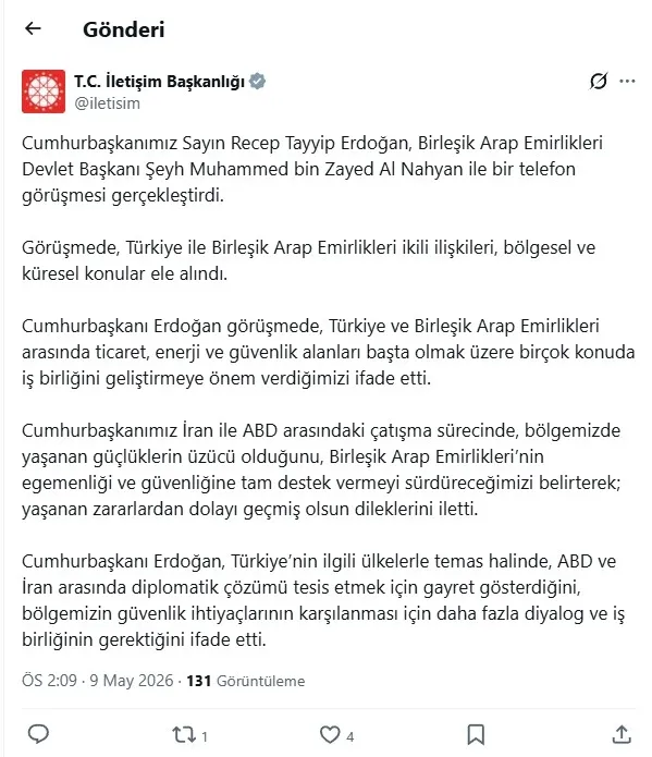 Başkan Erdoğan BAE lideri Al Nahyan ile telefonda görüştü - 5