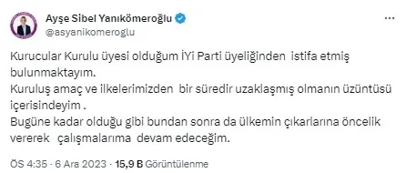 İYİ Parti’de üst üste istifalar! İstanbul Milletvekili Ayşe Sibel Yanıkömeroğlu: Kuruluş ilkelerimizden uzaklaştık