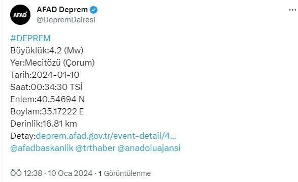 Korkutan deprem! AFAD duyurdu: Merkez üssü Çorum