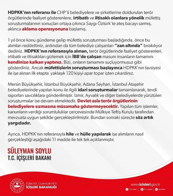 Son dakika: İBB’ye terör soruşturması! İçişleri Bakanlığından Sözcü Yazarı Saygı Öztürk’ün iftiralarına jet yanıt
