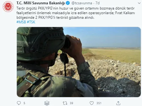Son dakika: MSB duyurdu: Fırat Kalkanı bölgesinde 2 PKK/YPG'li terörist gözaltına alındı - 1