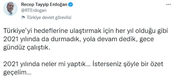 Son dakika: Türkiye 2021’de neler yaptı? Başkan Recep Tayyip Erdoğan tek tek paylaştı
