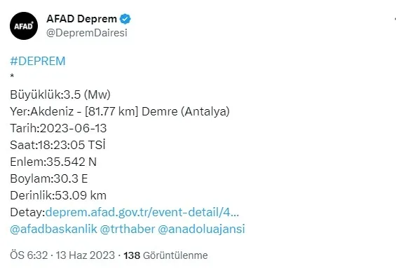 AFAD açıkladı! Antalya'da deprem meydana geldi | 2023 son depremler listesi - 1