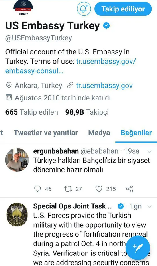 ABD büyükelçilik hesabından skandal! FETÖ'cü firari Ergun Babahan'ın tweetini beğendiler - 1