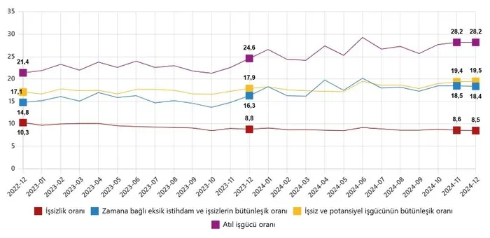 issizlik-dusmeye-devam-ediyor-2024un-son-isgucu-istatistikleri-verisi-aciklandi-1739171418565.jpeg Mevsim etkisinden arındırılmış işgücüne ilişkin tamamlayıcı göstergeler, Aralık 2022 - Aralık 2024 (%) (TÜİK)