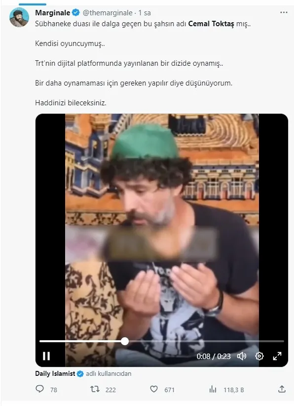 TRT dizisi oyuncusu Cemal Toktaş Subhaneke duasıyla alay etti! Tepkiler çığ gibi: Yazıklar olsun