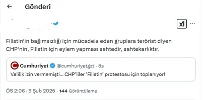 chpden-istanbulda-filistin-bayraksiz-filistin-mitingi-tepki-yagdi-sahterkarlik-1739117747848.jpg X üzerinden CHP'nin Filistin mitingine yapılan yorumlar | Ekran görüntüsü- ahaber.com.tr