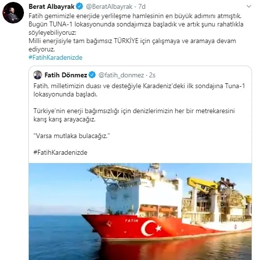 Hazine ve Maliye Bakanı Berat Albayrak'tan Fatih sondaj gemisi mesajı: Türkiye için çalışmaya ve aramaya devam ediyoruz - 1