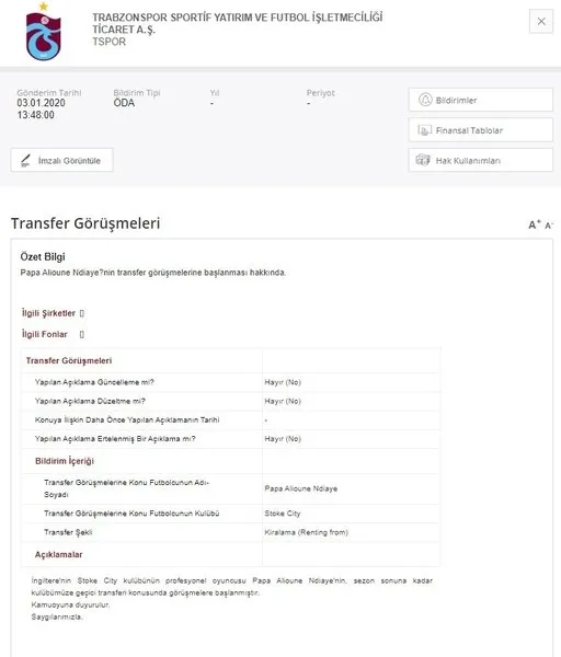 Trabzonspor, Ndiaye transferini KAP'a bildirdi! - 2