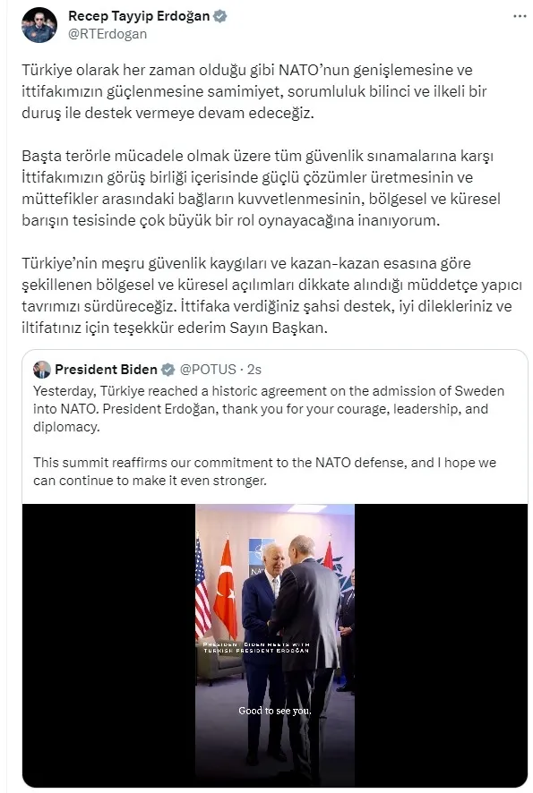 Biden’dan Başkan Erdoğan’a teşekkür: Cesaret liderlik diplomasi…