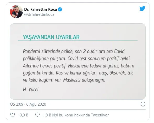 Bakan Koca koronavirüs hastasının mesajını paylaşarak uyardı!