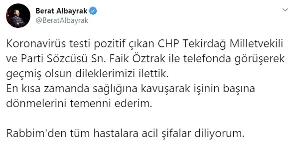 Son dakika: Hazine ve Maliye Bakanı Berat Albayrak'tan CHP'li Faik Öztrak'a geçmiş olsun telefonu - 1