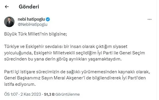 İYİ Parti Eskişehir milletvekili Nebi Hatipoğlu partisinden istifa etti!