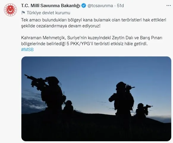 MSB: Zeytin Dalı ve Barış Pınarı bölgelerinde 5 PKK-YPG’li terörist öldürüldü