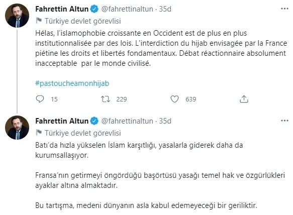 İletişim Başkanı Fahrettin Altun'dan Fransa'ya "başörtüsü yasağı" tepkisi - 1