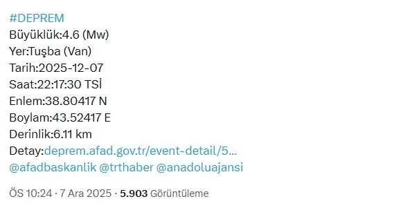 VAN’DA 4.6 BÜYÜKLÜĞÜNDE DEPREM