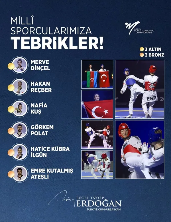 Başkan Erdoğan’dan Bakü 2023 Dünya Tekvando Şampiyonası’nda madalya kazanan sporculara tebrik