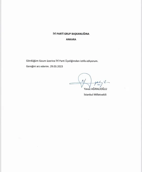 Son dakika: İYİ Parti’de Yavuz Ağıralioğlu istifa etti! İşte istifa dilekçesi...