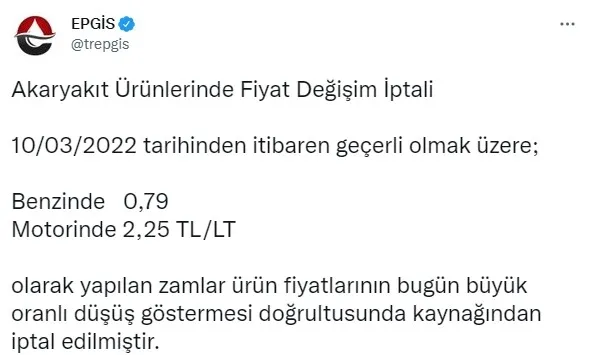 Son dakika: EPGİS'ten flaş açıklama! Benzin ve motorine zam iptal edildi - 1