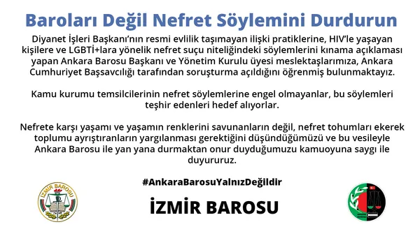 İzmir Barosu nefrette sınır tanımıyor! Diyanet İşleri Başkanı Prof. Dr. Ali Erbaş’ın zina ve eşcinsellik sözlerinden rahatsız oldular