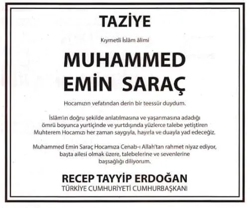 Son dakika: Başkan Erdoğan’dan Muhammed Emin Saraç için taziye ilanı