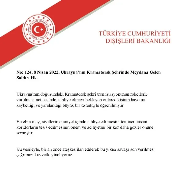 Dışişleri Bakanlığından Ukrayna’nın Kramatorsk şehrinde meydana gelen saldırı hakkında açıklama