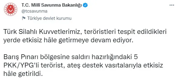 Son dakika: Barış Pınarı bölgesine saldırı hazırlığındaki 5 terörist öldürüldü - 1