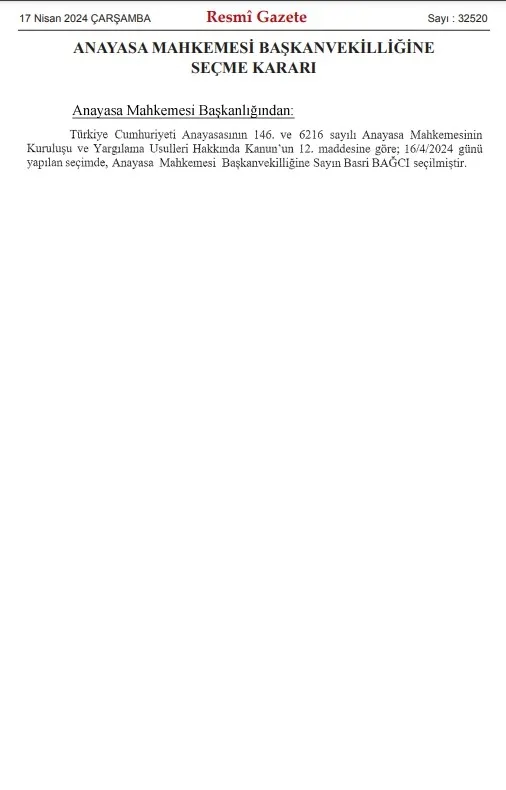 AYM Başkanvekilliğine Basri Bağcı’nın seçilmesine ilişkin karar Resmi Gazete’de