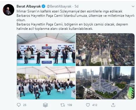Hazine ve Maliye Bakanı Berat Albayrak’tan ’Barbaros Hayrettin Paşa Camii’ paylaşımı