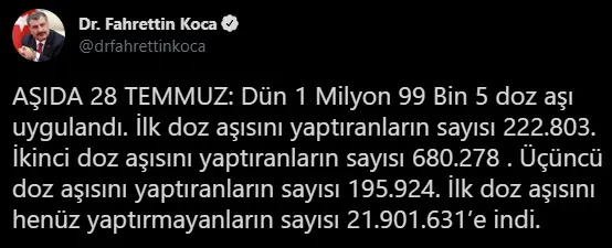 Son dakika: Sağlık Bakanı Fahrettin Koca’dan aşı açıklaması! 28 Temmuz’da ne kadar koronavirüs aşısı yapıldı