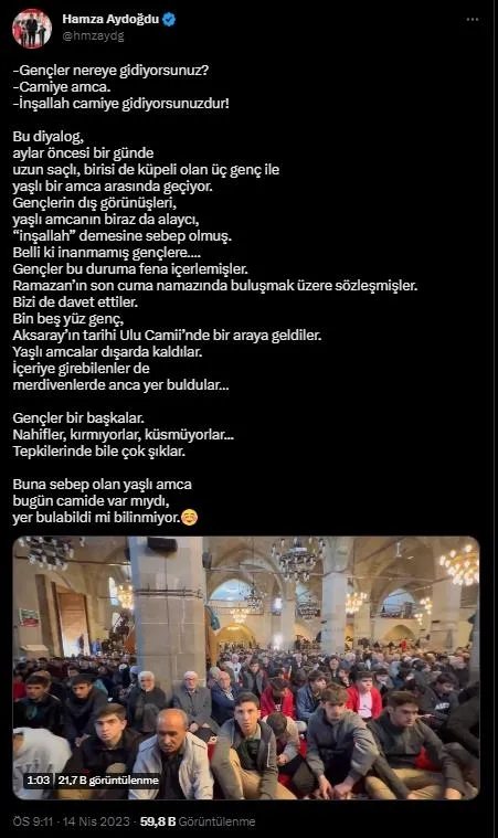 1681544617342.jpeg Aksaray'da 1500 genç Ramazan ayının son cumasında Ulu Camii'ne akın etti! Vali Hamza Aydoğdu sosyal medyadan paylaştı - 5