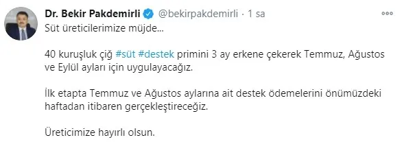 Tarım ve Orman Bakanı Bekir Pakdemirli: Çiğ süt destek primi ödemelerini 3 ay öne çektik