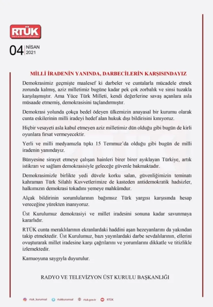 RTÜK'ten 104 emekli amiralin bildirisine karşı mesaj: Milli iradenin yanında darbecilerin karşısındayız - 1
