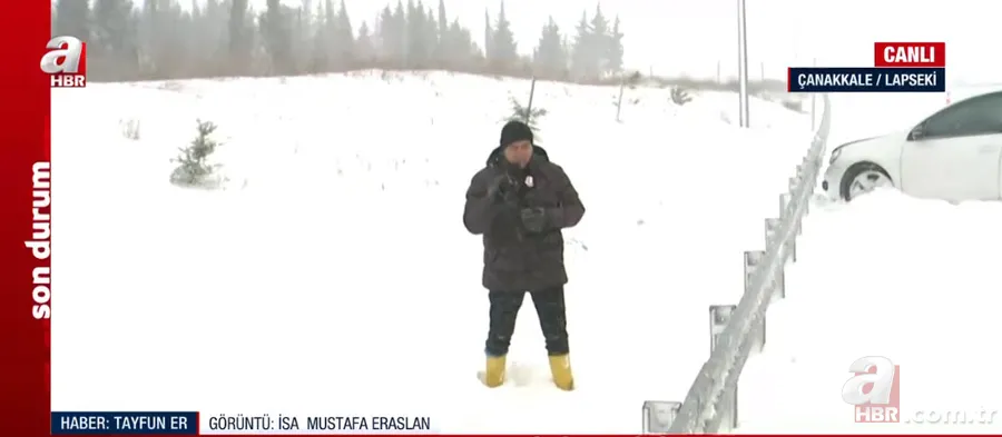 Çanakkale'de yoğun kar ve tipi! Buz pistine dönen yolda zorlu yayın... A Haber muhabiri Tayfun Er son durumu aktardı 14