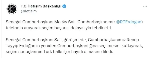 Senegal Cumhurbaşkanı Sall’den Başkan Erdoğan’a tebrik telefonu!