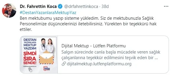 Sağlık Bakanı Fahrettin Koca’dan sağlık çalışanları için dijital mektup çağrısı