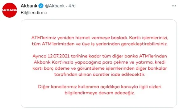 Akbank'tan son dakika açıklaması: ATM'ler yeniden hizmet vermeye başladı - 1