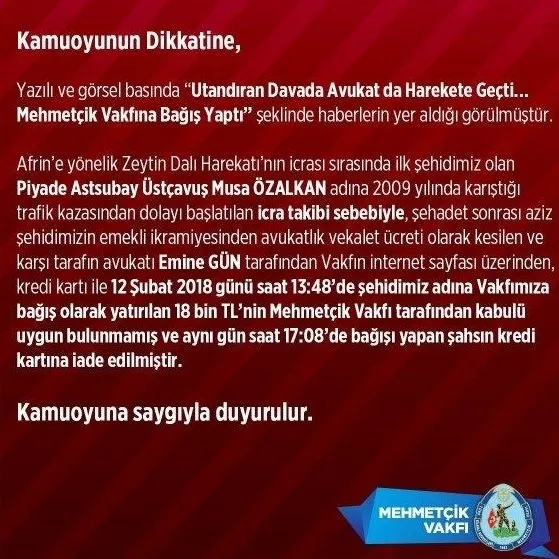 Mehmetçik Vakfı, avukatın bağışını iade etti - 1
