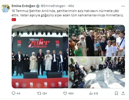 Emine Erdoğan’dan 15 Temmuz paylaşımı: Vatan aşkıyla göğsünü siper eden tüm kahramanlarımıza minnettarız