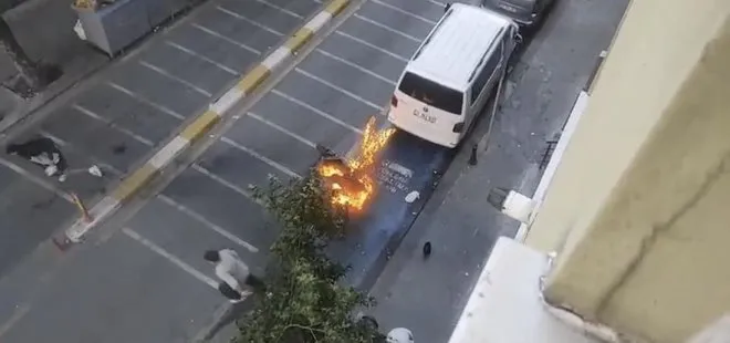 İstanbul’da yanan motora ilginç müdahale! Camdan kovayla su fırlattı