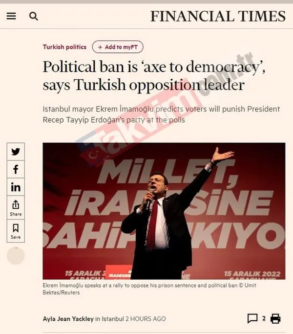 İstanbul Büyükşehir Belediye Başkanı Ekrem İmamoğlu Yunan’dan sonra İngiliz’e ağladı! Türkiye’yi Financial Times’a şikayet etti