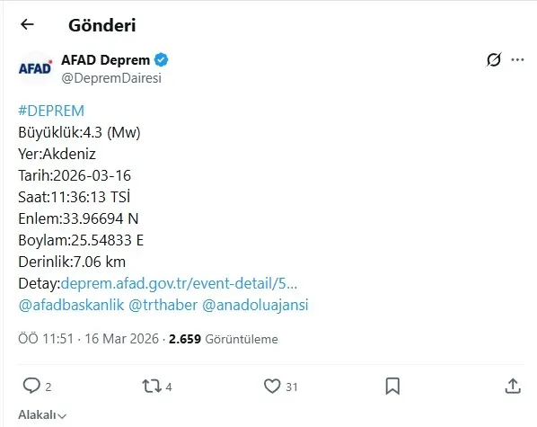 Akdeniz'de 4,8 büyüklüğünde deprem - 1