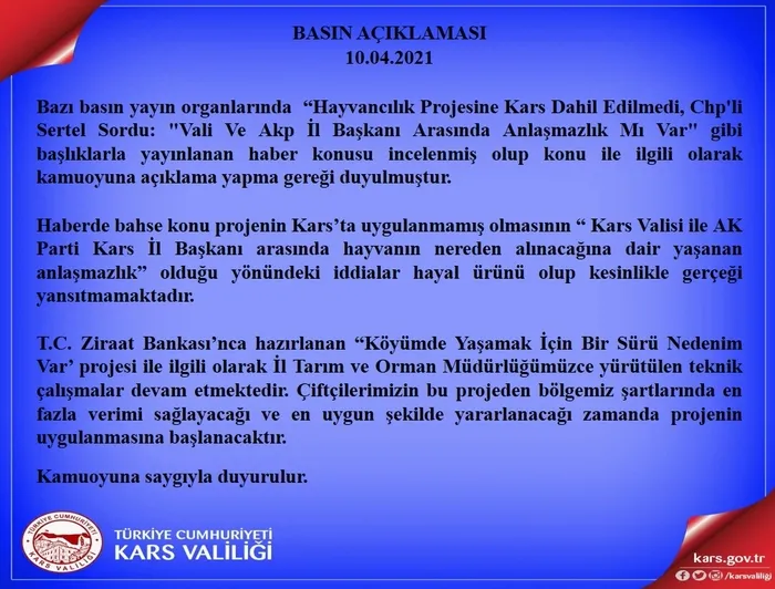 Kars Valiliği CHP’li Atila Sertel’in iddialarını yalanladı