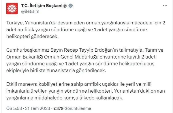 Başkan Erdoğan talimat verdi! Türkiye’den Yunanistan’a yangın söndürme desteği