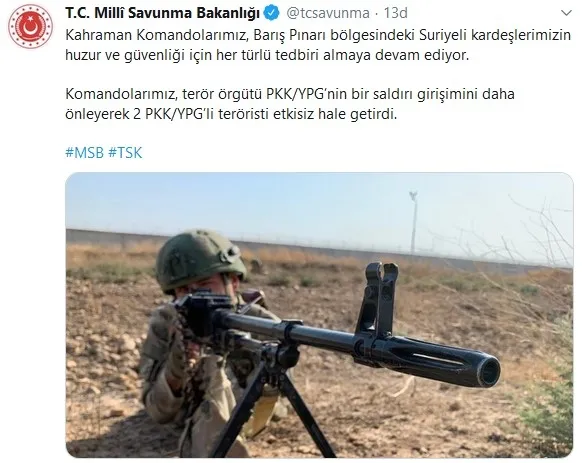 Son dakika haberleri | MSB: Barış Pınarı bölgesinde PKK-YPG'li 2 terörist etkisiz hale getirildi - 1