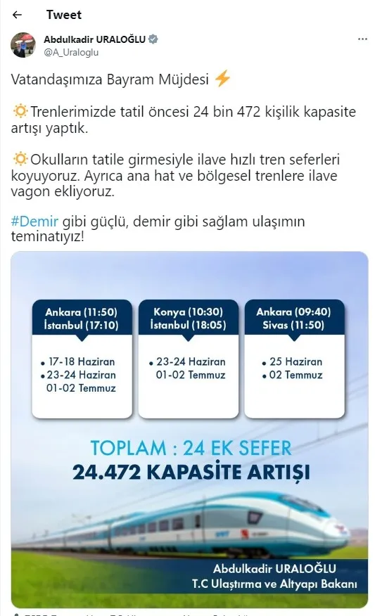 Ulaştırma ve Altyapı Bakanı Abdulkadir Uraloğlu paylaştı! Kurban Bayramı öncesi tren kapasiteleri artırıldı