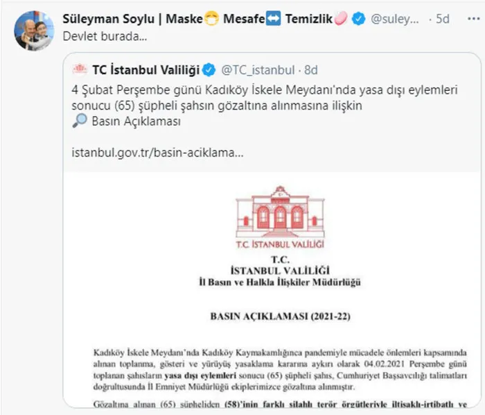 Son dakika: İstanbul Valiliğinden Kadıköy’deki olaylara ilişkin açıklama: 65 kişiden 58’i farklı silahlı terör örgütleriyle iltisaklı-irtibatlı